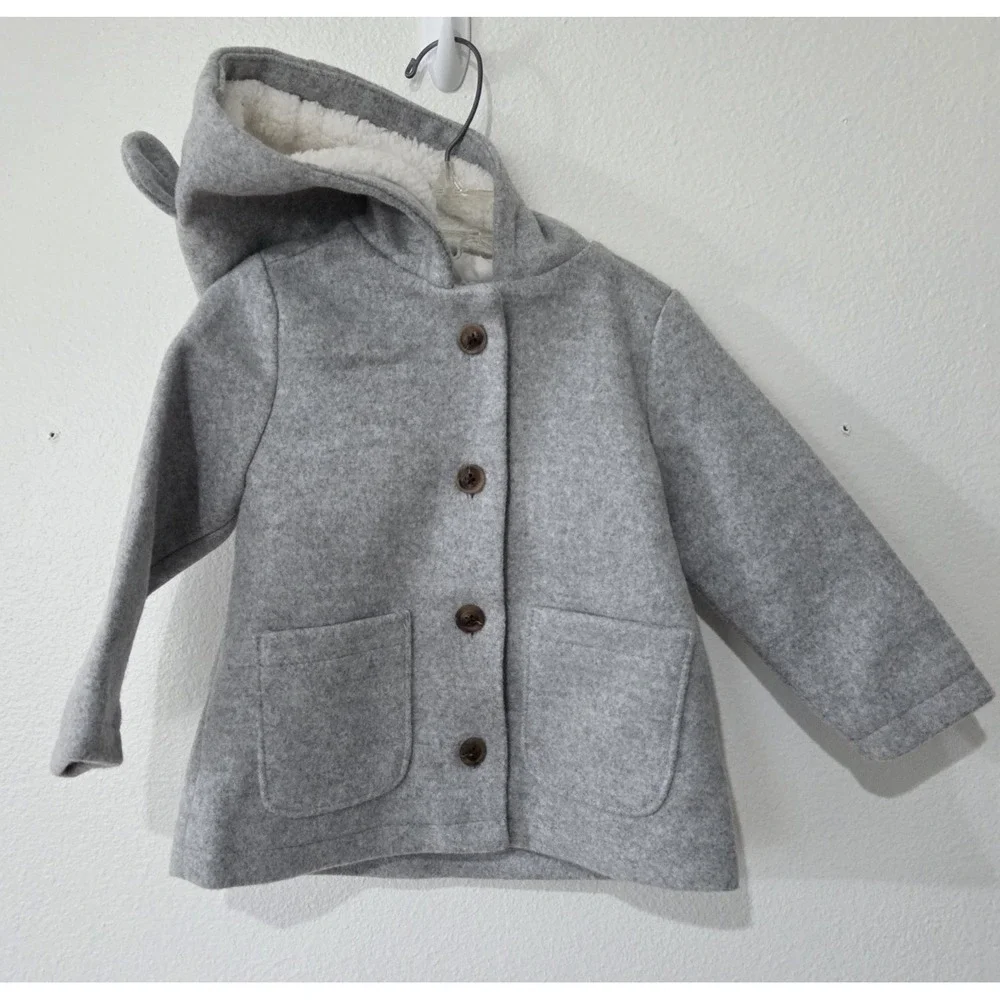 Old Navy Baby Girl‎ Coat 18-24 Month Grey Hooded Lined Wool Jacket NWT